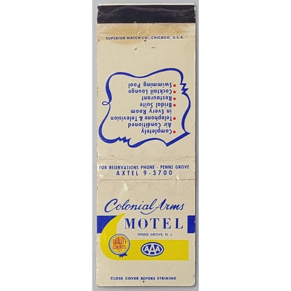 Front Strike Matchbook Cover Colonial Arms Motel Penns Grove NJ Map on Back - Picture 1 of 5